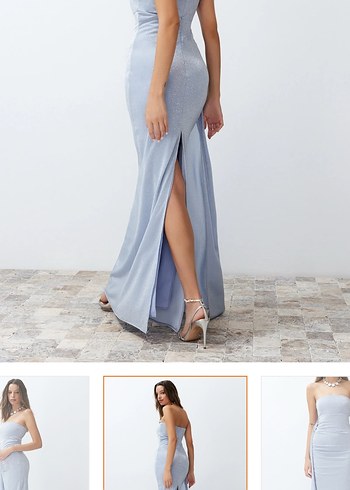 Mavi Drapeli Straplez Uzun Abiye Elbise - Görsel 3