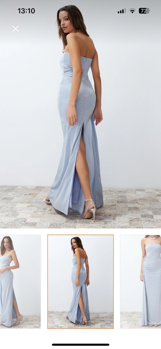 Mavi Drapeli Straplez Uzun Abiye Elbise - Görsel 3