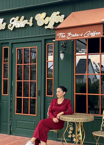 Bordo Uzun Kollu Drapeli Uzun Elbise - Görsel 2