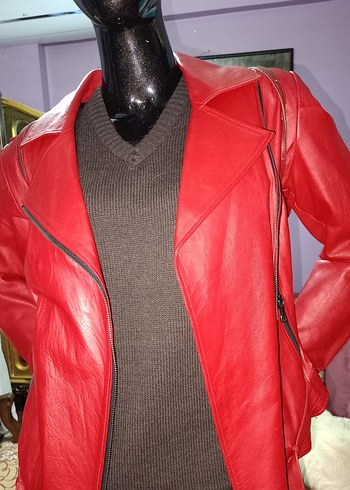 Kırmızı Mini Biker Deri Ceket - Görsel 2