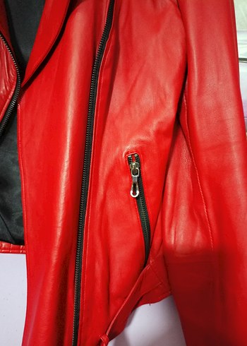 Kırmızı Mini Biker Deri Ceket - Görsel 8