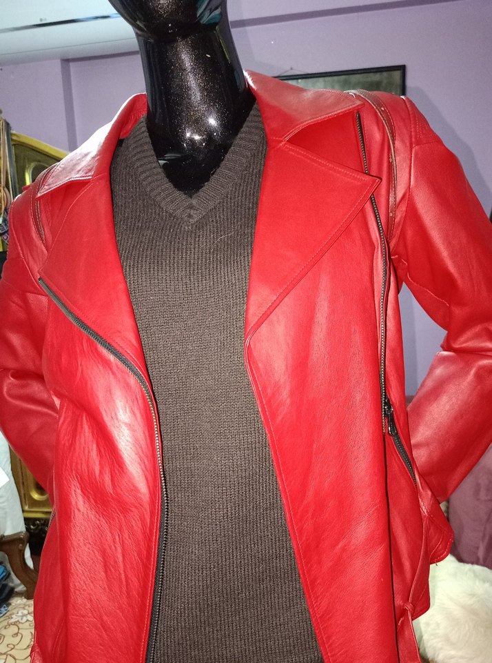 Kırmızı Mini Biker Deri Ceket - Görsel 2