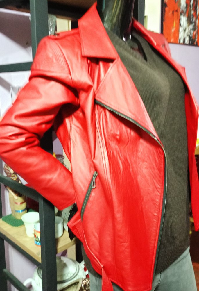 Kırmızı Mini Biker Deri Ceket - Görsel 3