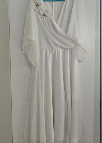 Beyaz Uzun Drapeli V Yaka Elbise yarasa kol - Görsel 3