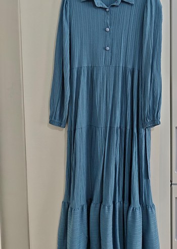 Mavi Uzun Keten Bohem Elbise - Görsel 2