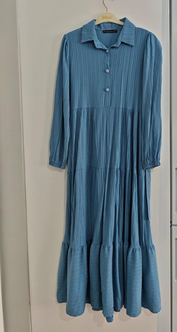 Mavi Uzun Keten Bohem Elbise - Görsel 2