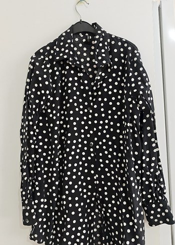 Düğmeli Siyah Beyaz Puantiyeli Uzun Kollu Kadın Gömlek - Görsel 2