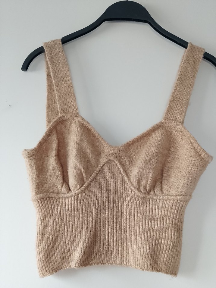 Bej V Yakalı Örgü Mini Büstiyer - Görsel 2