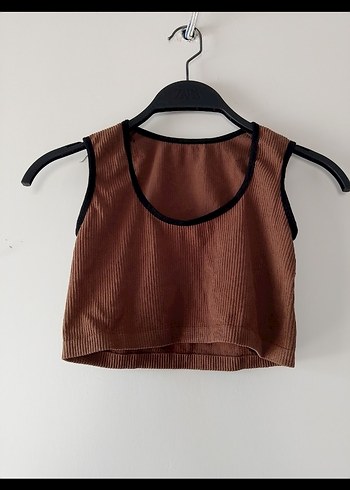 Kahverengi Keten Kolsuz Crop Top - Görsel 2
