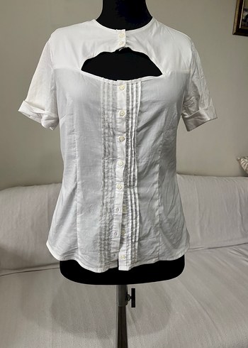 Düğmeli Kısa Kollu Beyaz Kadın Gömlek - Görsel 2