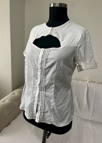 Düğmeli Kısa Kollu Beyaz Kadın Gömlek - Görsel 4