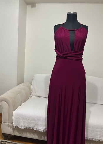 Bordo Drapeli Uzun Abiye Elbise - Görsel 4