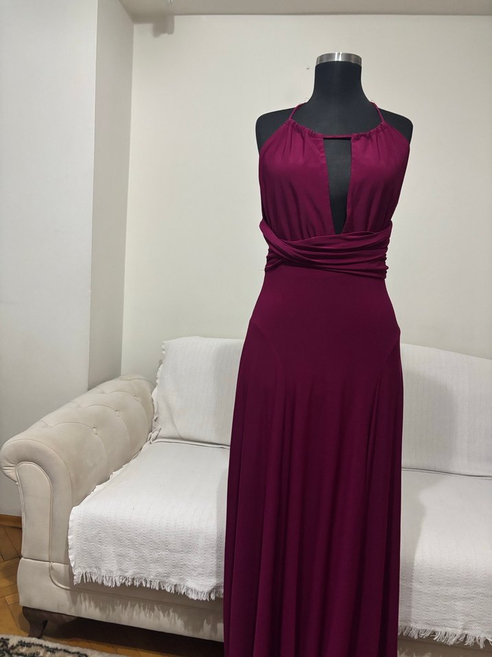 Bordo Drapeli Uzun Abiye Elbise - Görsel 4