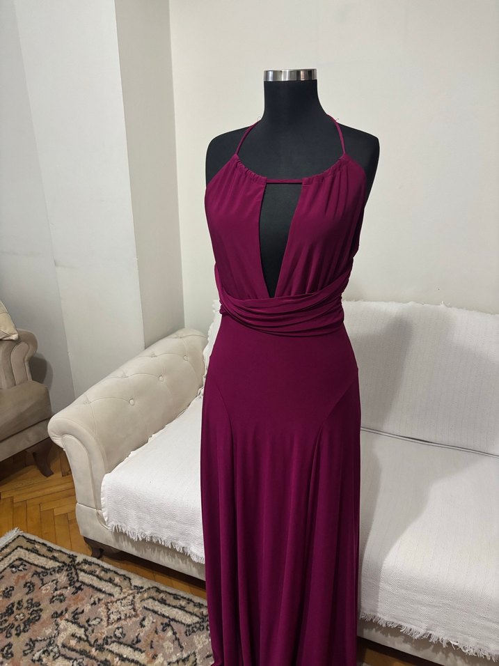 Bordo Drapeli Uzun Abiye Elbise - Görsel 2