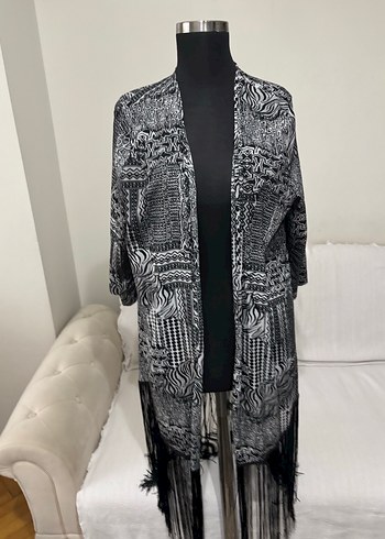 Gri Desenli Uzun Bohem Kimono - Görsel 2