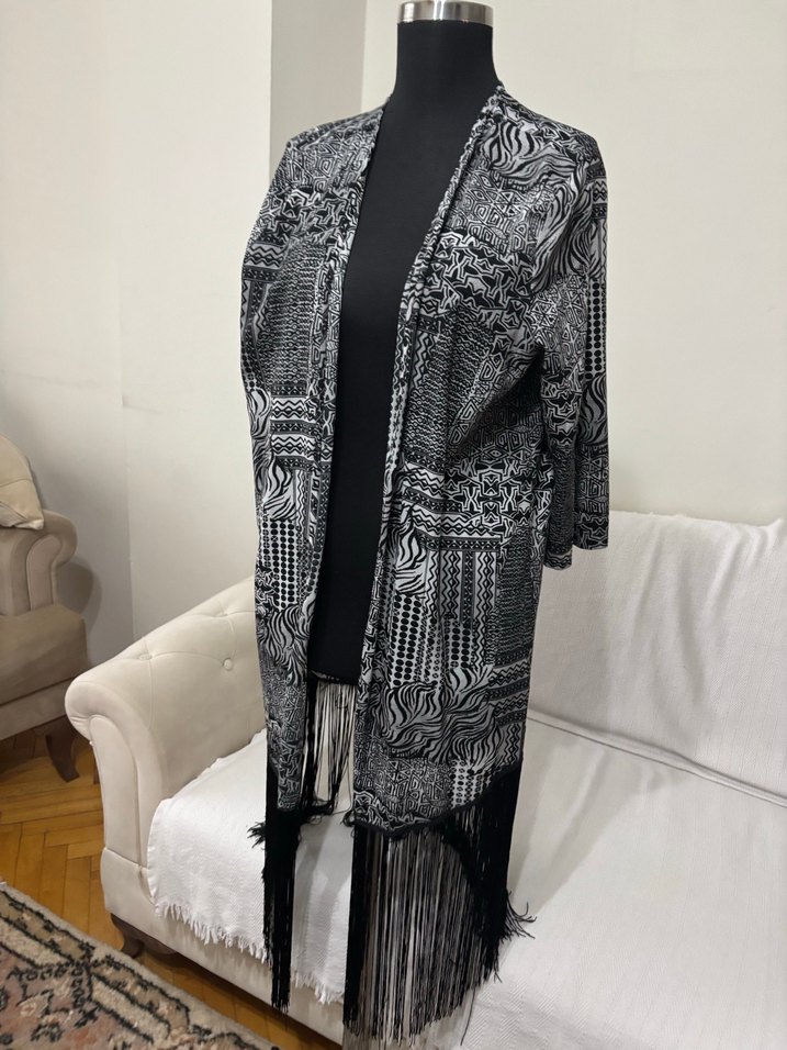 Gri Desenli Uzun Bohem Kimono - Görsel 4