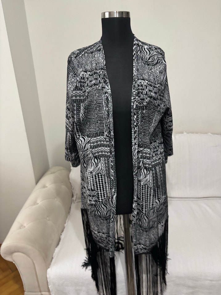 Gri Desenli Uzun Bohem Kimono - Görsel 2