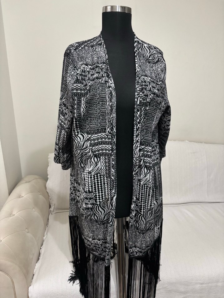 Gri Desenli Uzun Bohem Kimono - Görsel 3