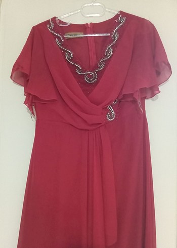 kirmizi Uzun Drapeli Kadın Abiye Elbise - Görsel 2