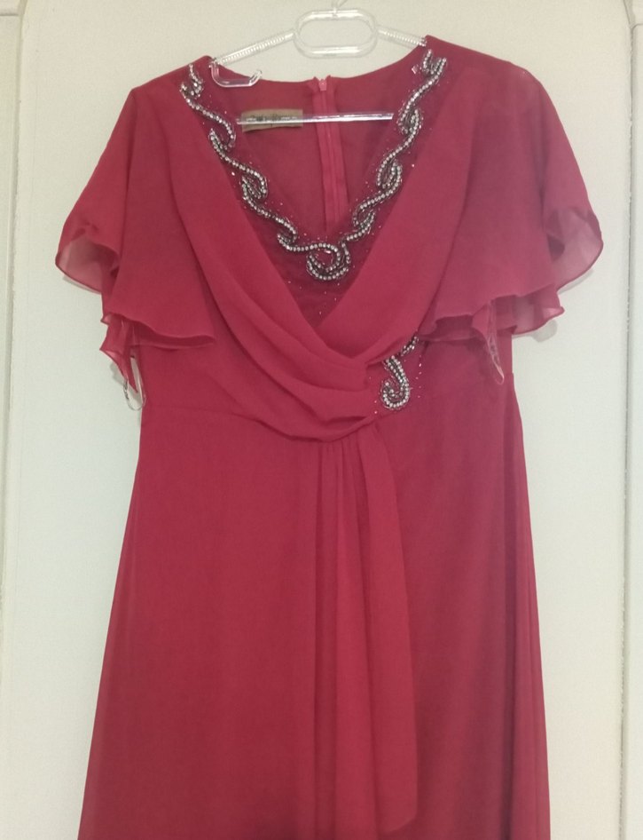 kirmizi Uzun Drapeli Kadın Abiye Elbise - Görsel 2