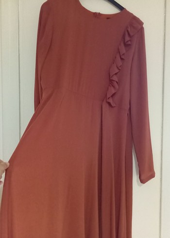 taba  Uzun Kollu Fırfırlı Uzun Elbise - Görsel 2