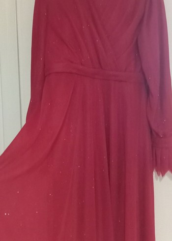 kırmızı  Uzun Kollu Drapeli Kadın Abiye Elbise - Görsel 2