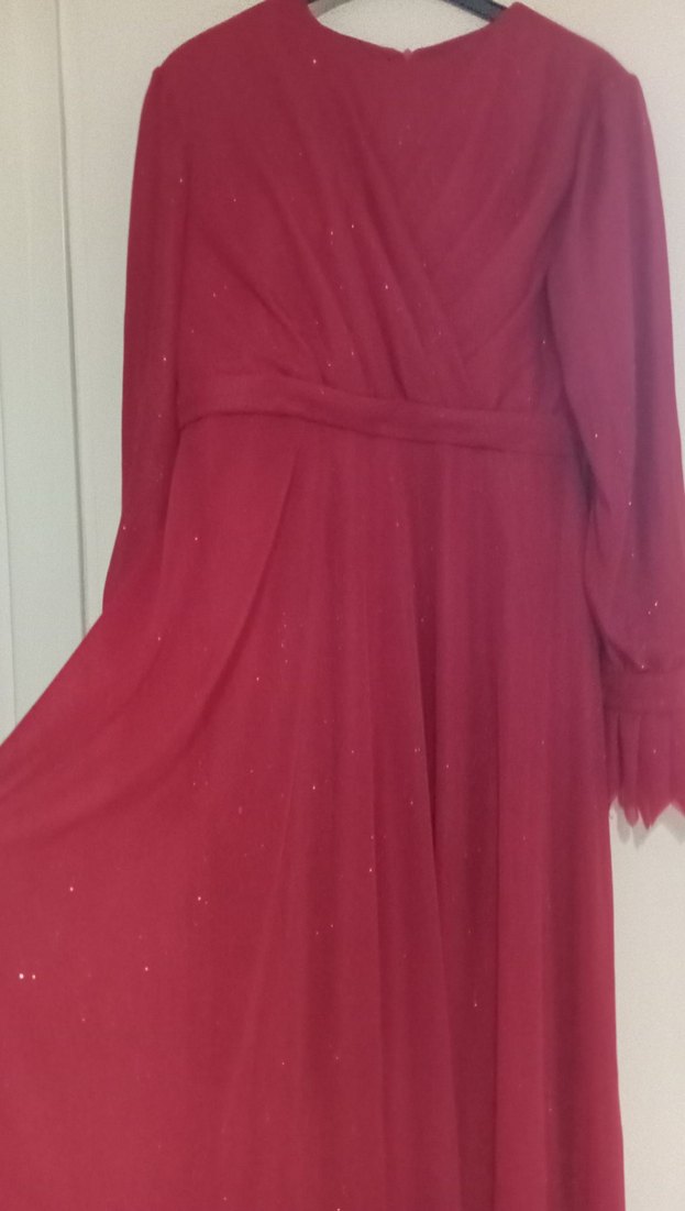 kırmızı  Uzun Kollu Drapeli Kadın Abiye Elbise - Görsel 2