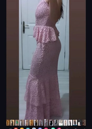 Dantel Detaylı Pembe Uzun Abiye Elbise - Görsel 3