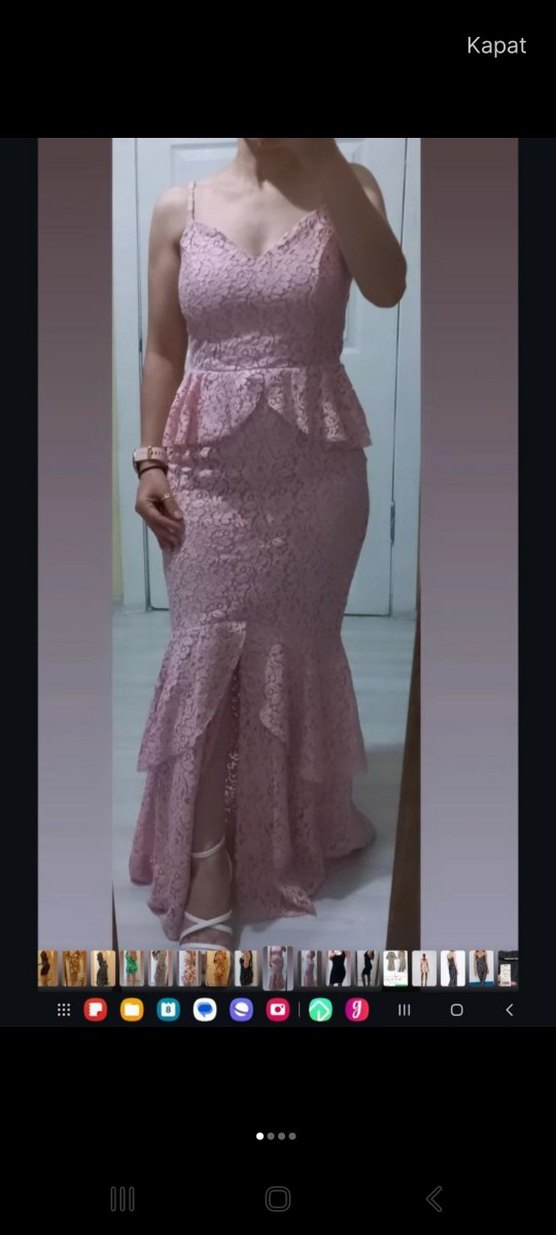 Dantel Detaylı Pembe Uzun Abiye Elbise - Görsel 2