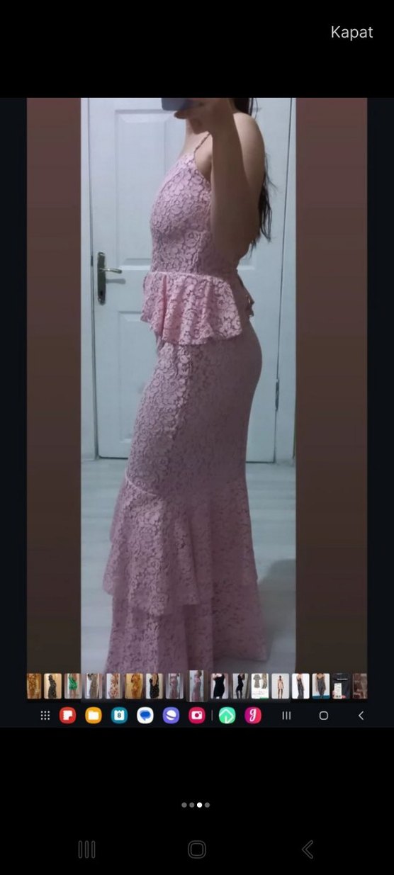 Dantel Detaylı Pembe Uzun Abiye Elbise - Görsel 3