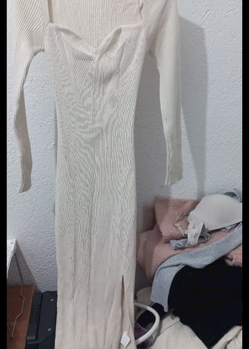 Uzun Kollu Beyaz Fit Triko Elbise - Görsel 2