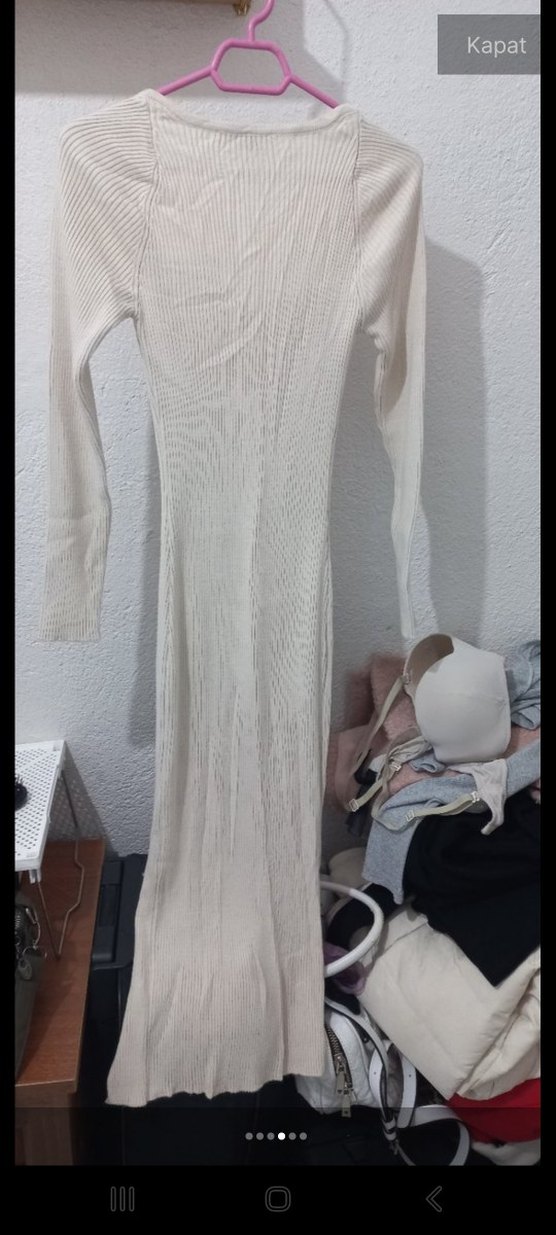 Uzun Kollu Beyaz Fit Triko Elbise - Görsel 3