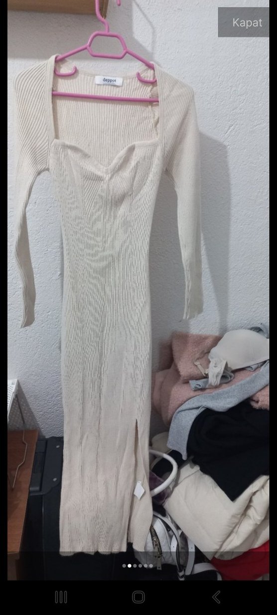 Uzun Kollu Beyaz Fit Triko Elbise - Görsel 2