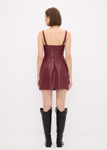 Bordo Deri Mini Elbise - Görsel 3