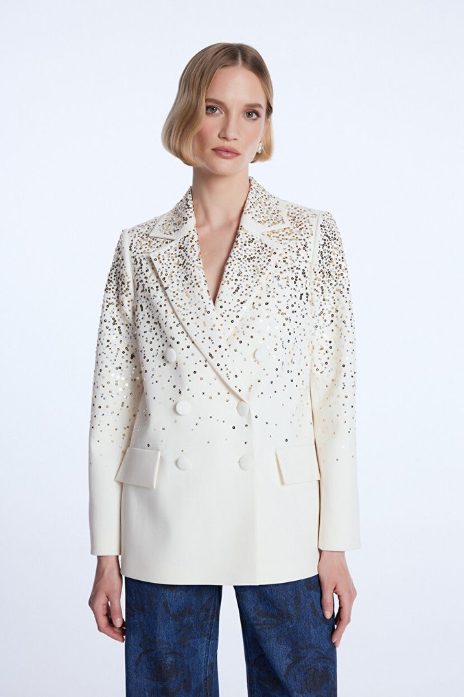 Düğmeli Beyaz Nakışlı Kadın Blazer Ceket (Sıfır) - Görsel 4