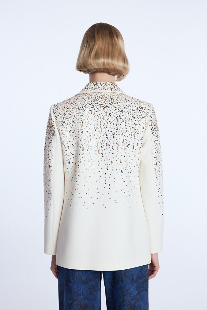 Düğmeli Beyaz Nakışlı Kadın Blazer Ceket (Sıfır) - Görsel 5