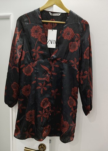 Bordo Çiçek Desenli Jakarlı Saten Uzun Kollu Bohem Elbise - Görsel 2