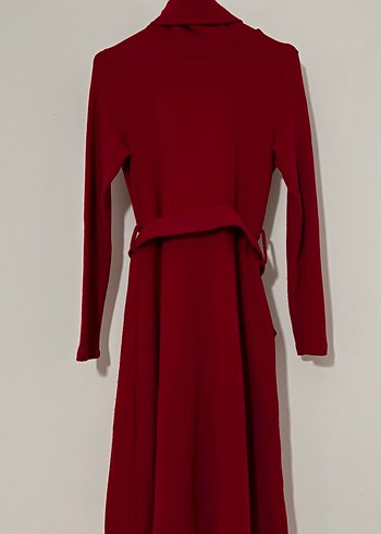 Medium (M) beden sıfır Bordo Uzun Kollu Kemerli Triko Elbise - Görsel 3
