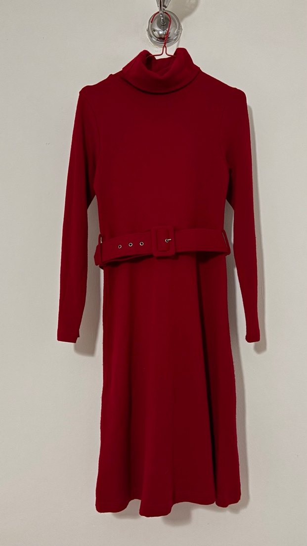 Medium (M) beden sıfır Bordo Uzun Kollu Kemerli Triko Elbise - Görsel 2