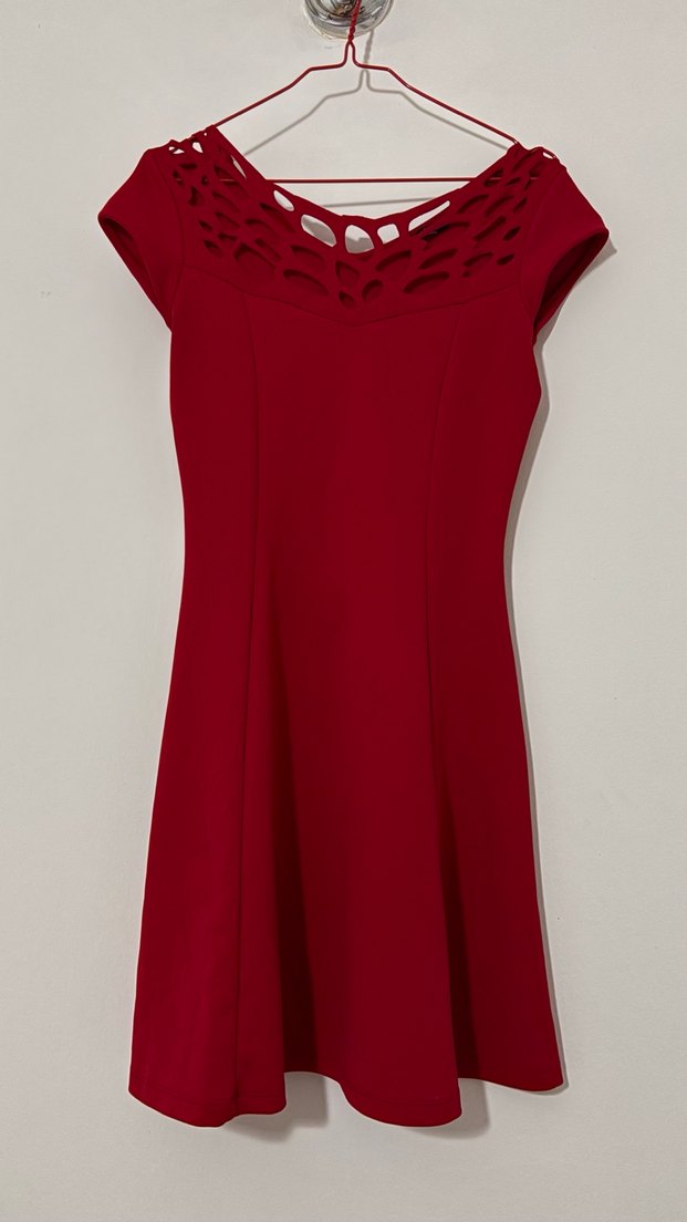 Bordo Desen Detaylı Midi Elbise - Görsel 2