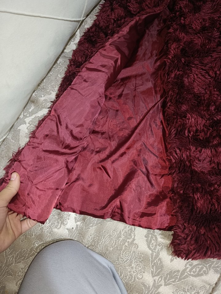 Bordo Uzun Kollu Kadın Suni Kürk Yelek - Görsel 2