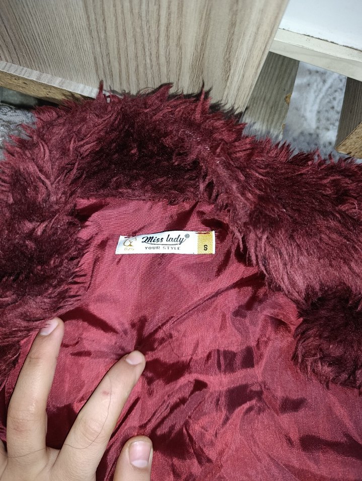 Bordo Uzun Kollu Kadın Suni Kürk Yelek - Görsel 3