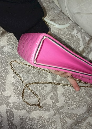 Pembe Deri Kadın Çanta Zincir Askılı - Görsel 3