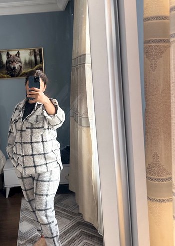 Gri Ekose Desenli Uzun Örgü Kadın Gömlek - Görsel 5