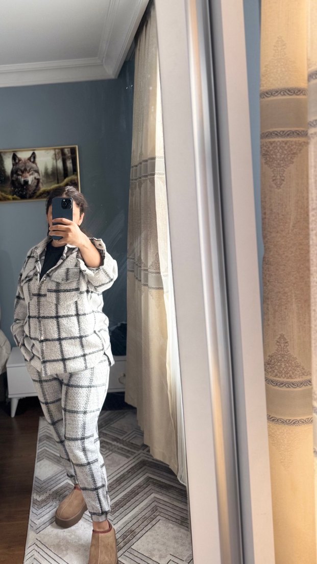 Gri Ekose Desenli Uzun Örgü Kadın Gömlek - Görsel 5