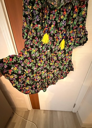 Çiçek Desenli Renkli Bohem Mini elbise - Görsel 4