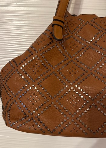 Kahverengi Nakışlı Kadın Deri Çanta - Görsel 2