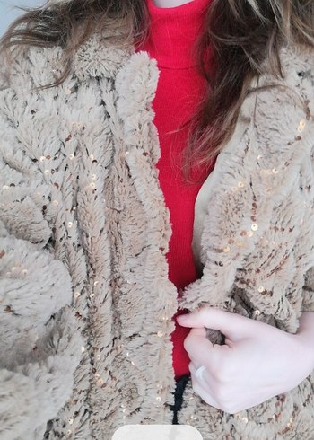 Bej Peluş Kadın Bohem Midi Kürk Ceket - Görsel 2