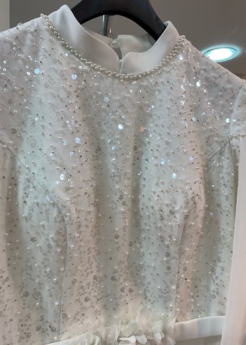 İşlemeli Beyaz Uzun Kollu Nişan Elbisesi - Görsel 4