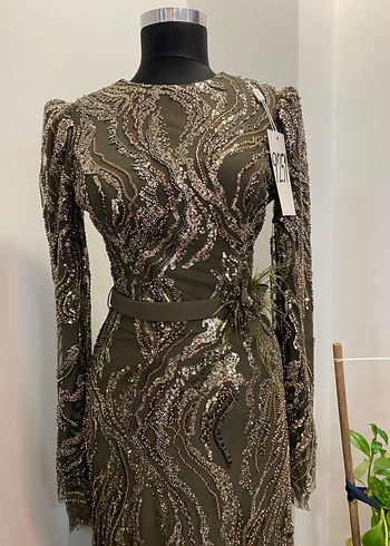 Kadın Haki Uzun Yılan Desenli Drapeli Elbise - Görsel 2